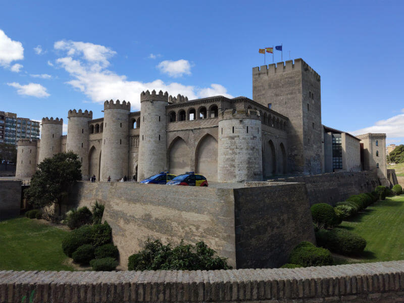 The front of the imposing Aljafería Palace