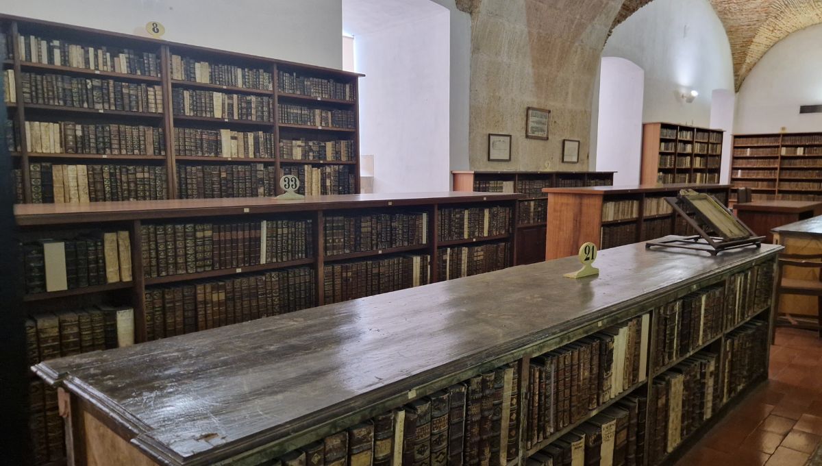 Hundreds of antique books on the shelves inside the lower floors of The Biblioteca Joanina.