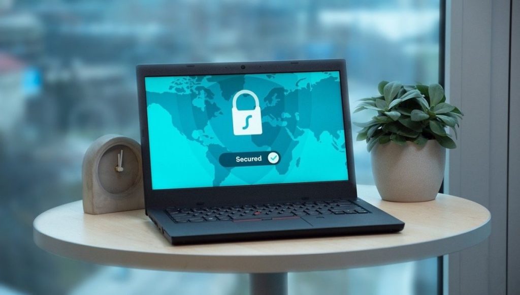 A laptop on a table showing a VPN