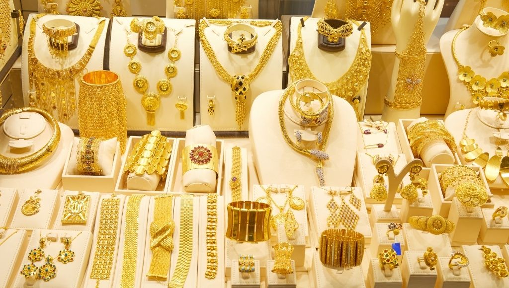 Dubai gold souk market with jewellery and necklaces