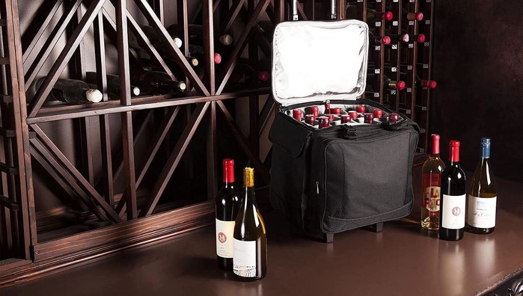 A wine protector travel suitcase on the wine table