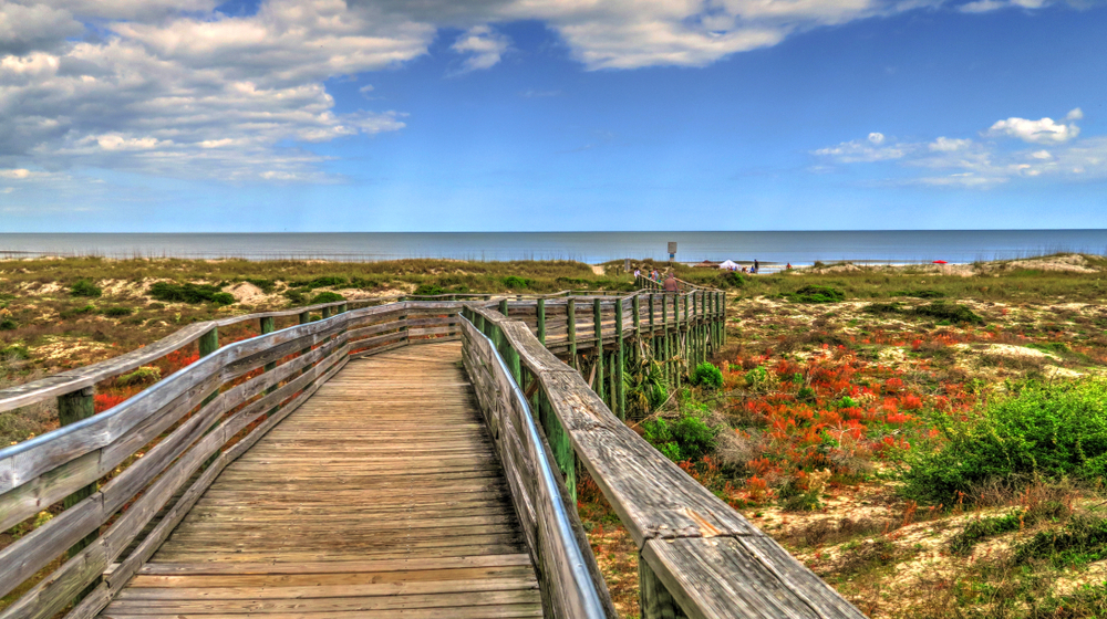 Looking down a boardwalk at Nassau County Burney Park Beach Access in Amelia Island Florida