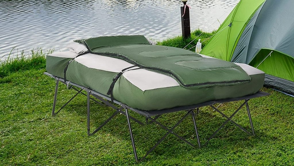 a big air mattress bed in a camping cot
