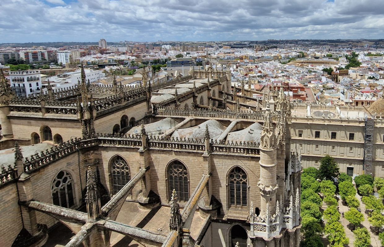A view from the top of the Giralda Tower looking down at the main cathedral