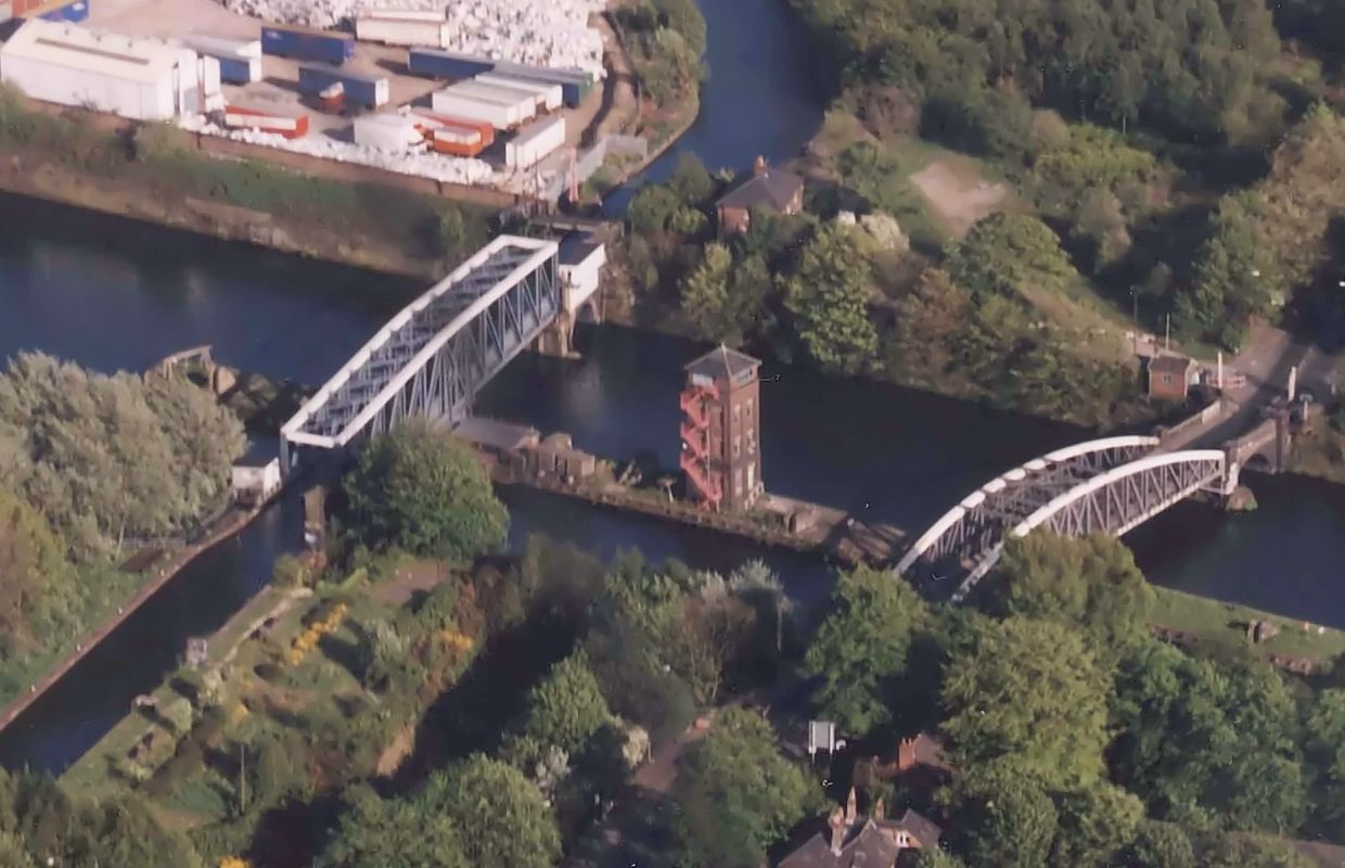 An aerial view of the Barton Swing Aqueduct in Manchester