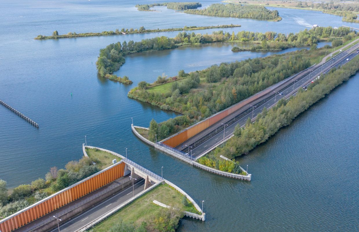 An aerial view of the Veluwemeer Aqueduct in Holland