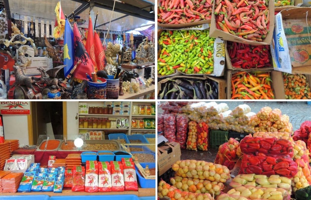 4 images of various stands in the Bazaar of Pristina, one of the best things to do in Kosovo