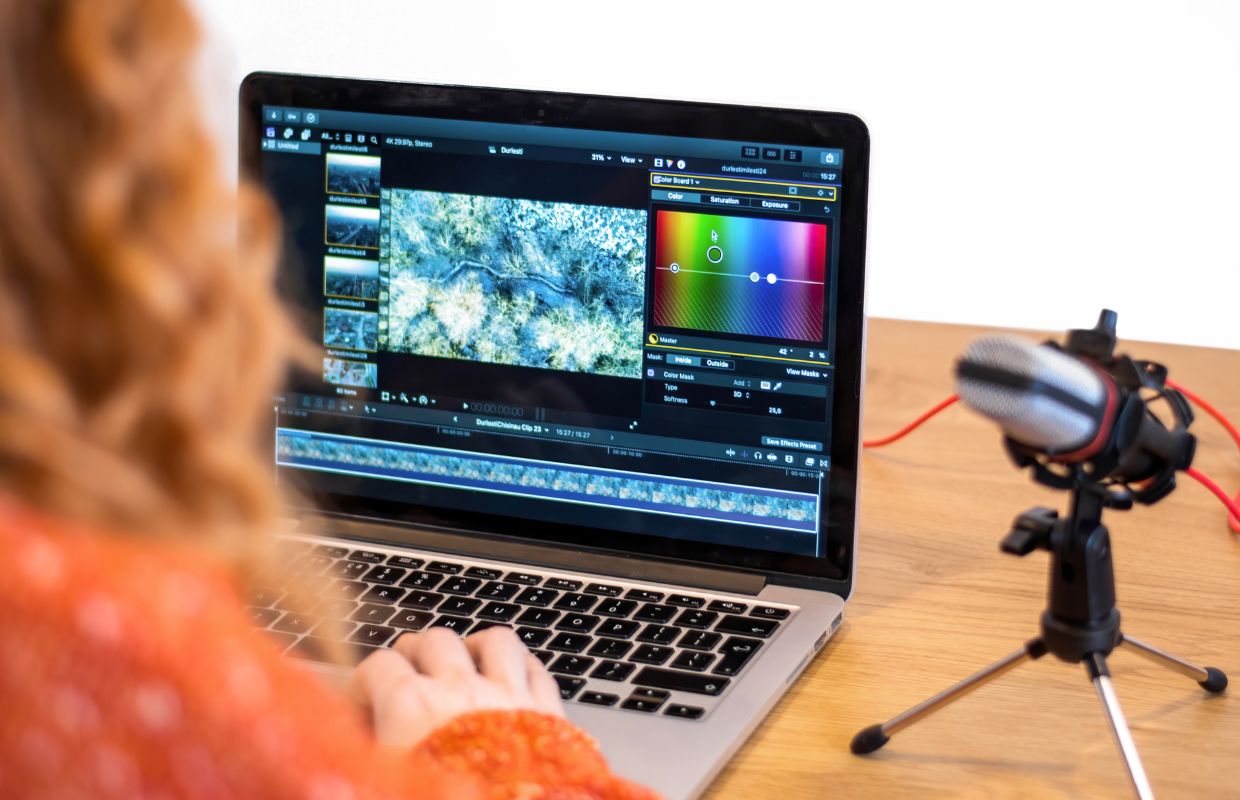 A lady sat at a desk using Best Laptop for Video Editing Under $1000 with a mic to her right