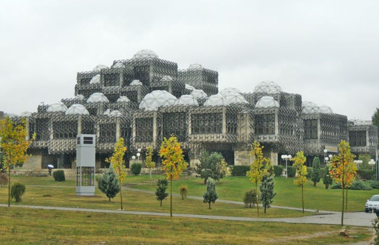 The National Library in Pristina on a cloudy day