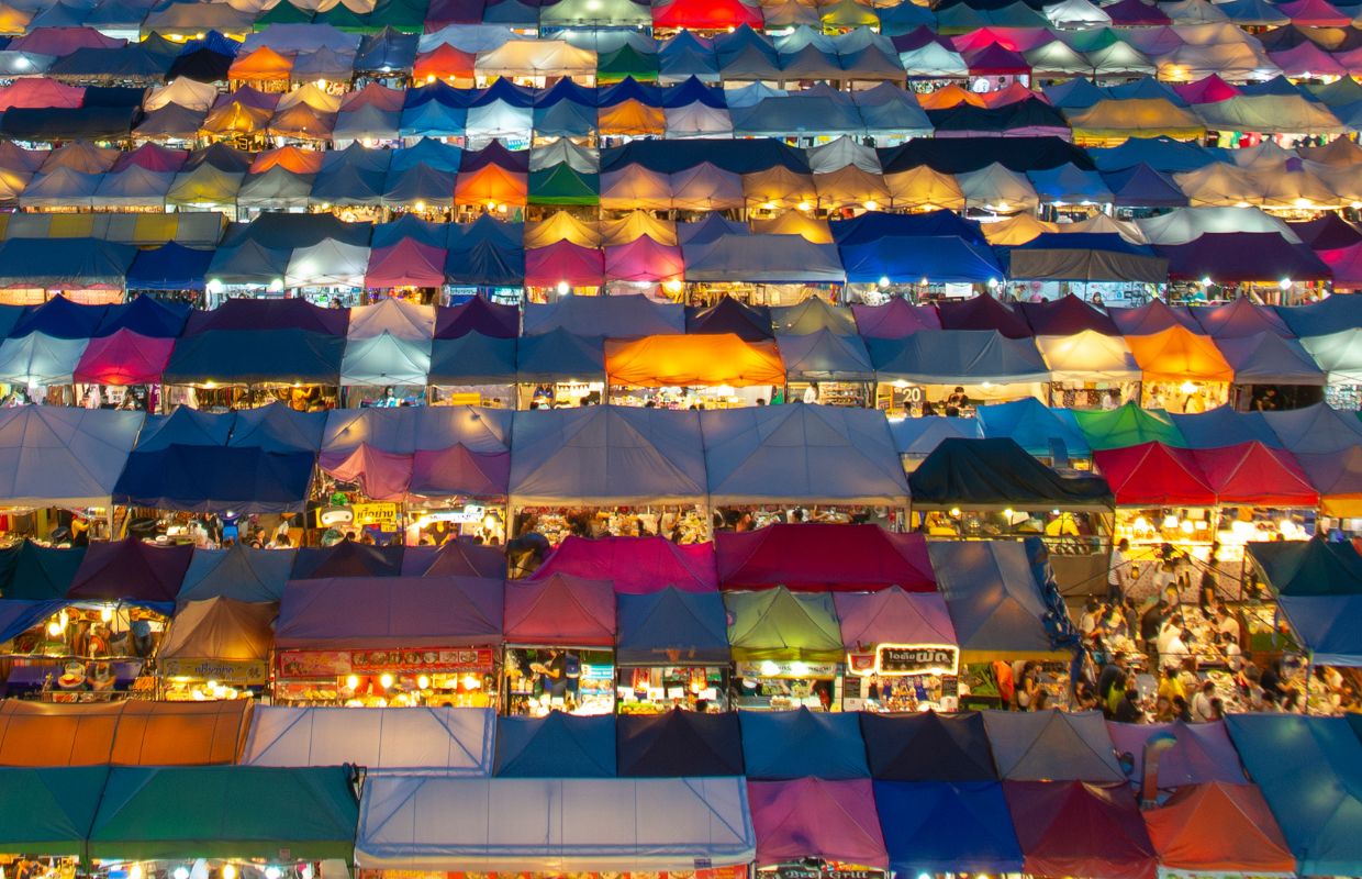 An aerial view of a big night market
