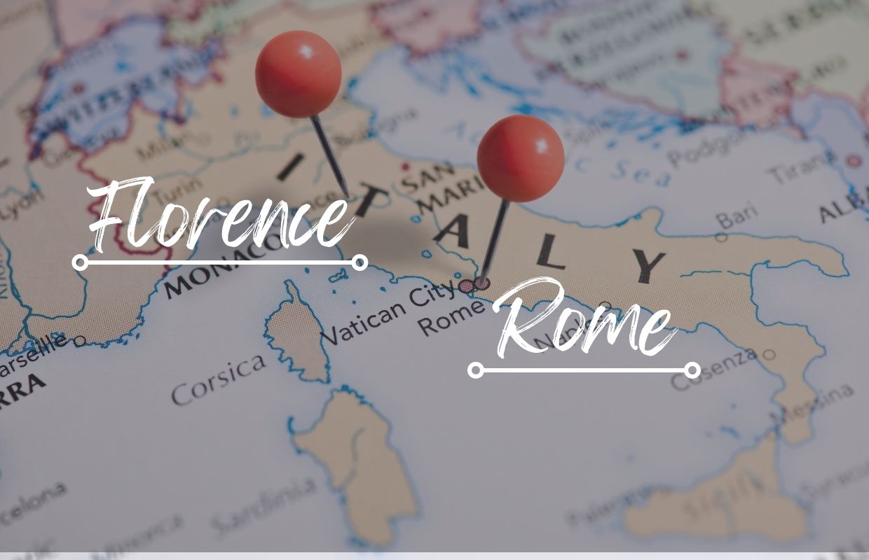 Florence and Rome on a map of pinned Italy