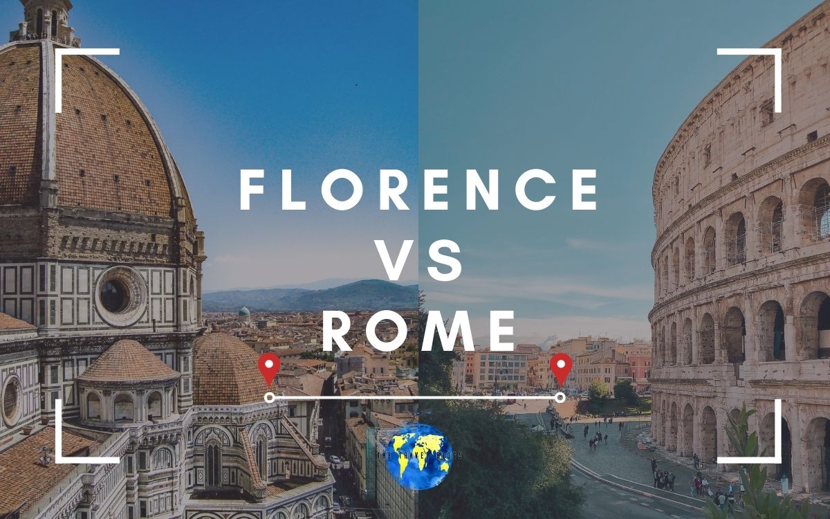 A panoramic view comparing Florence's Duomo and Rome's Colosseum, showcasing iconic landmarks of both cities.