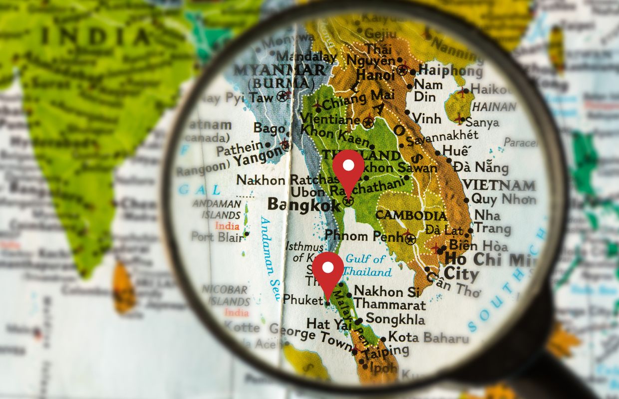Phuket vs Bangkok on a map
