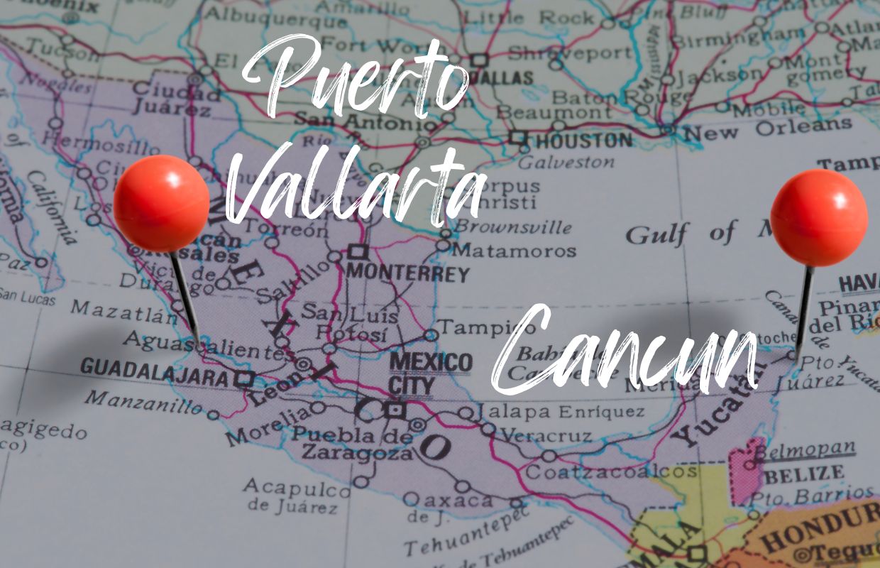 Puerto Vallarta vs Cancun on a map