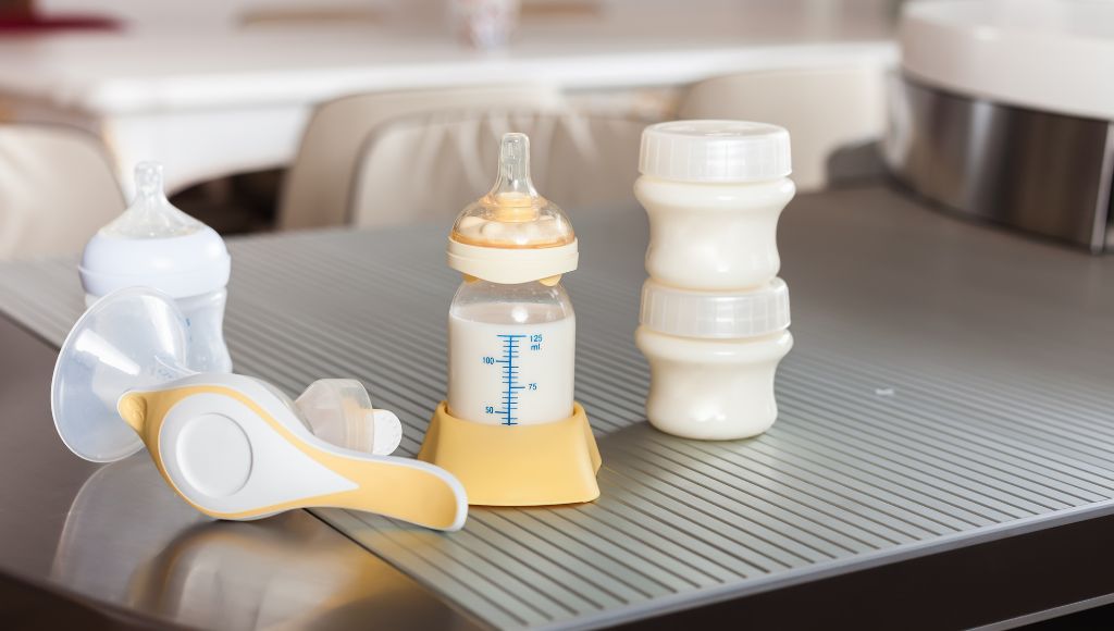 Some breast milk bottles on the table