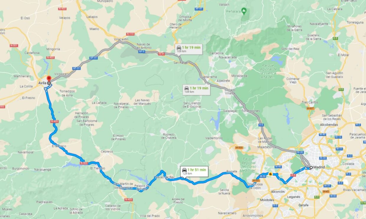 The route when driving from Madrid to Avila