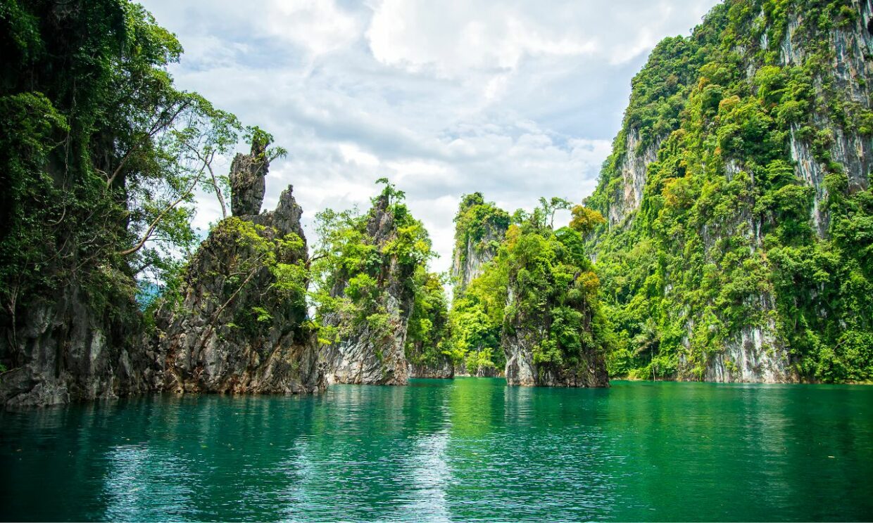 Tree covered limestone outcrops in Khao Sok National Park