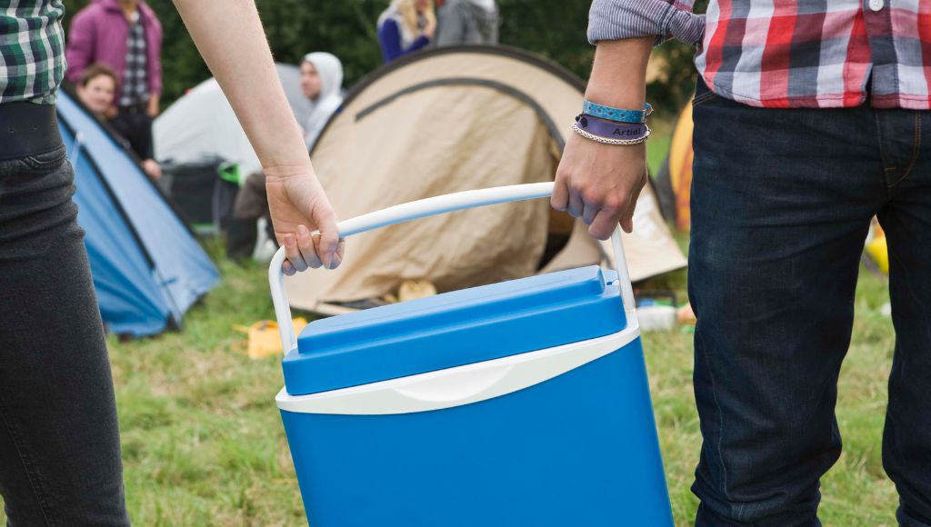 People carrying cooler by campsite
