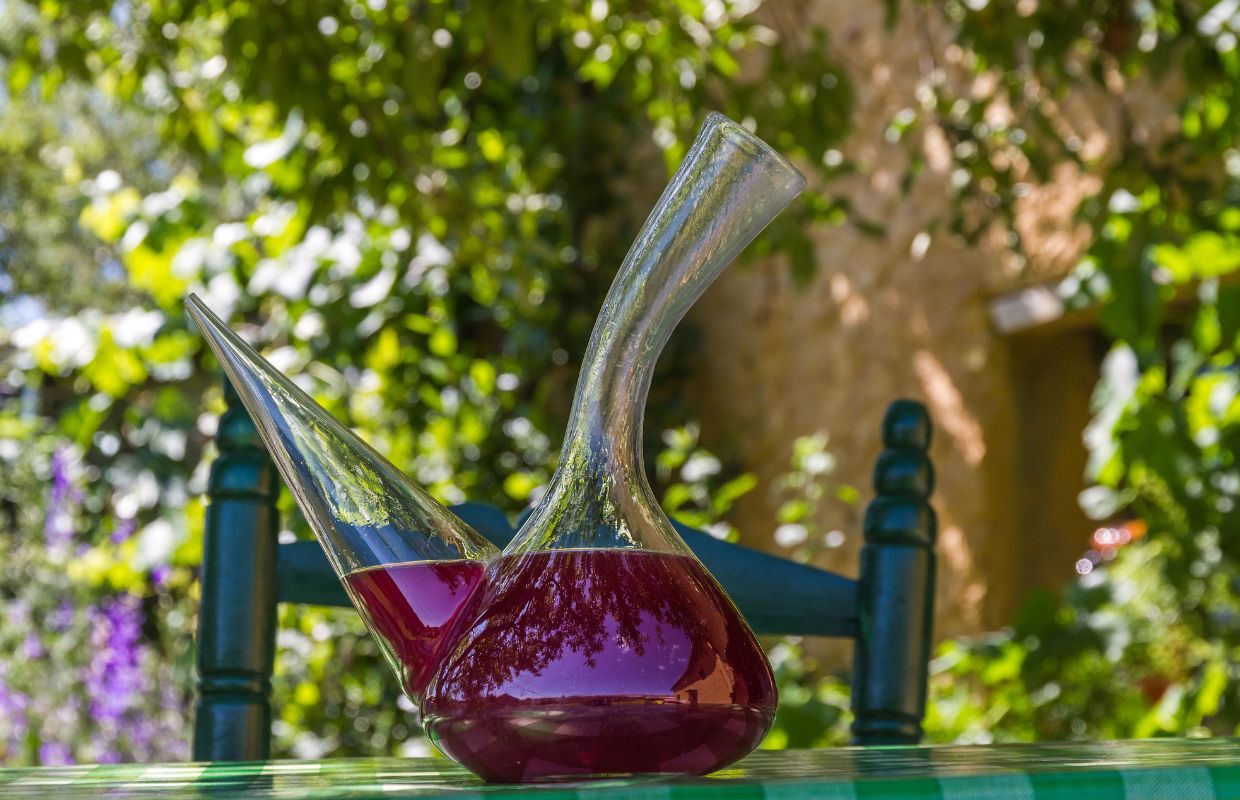 A wine porron. A traditional glass pitcher with a long spout that narrows at the top