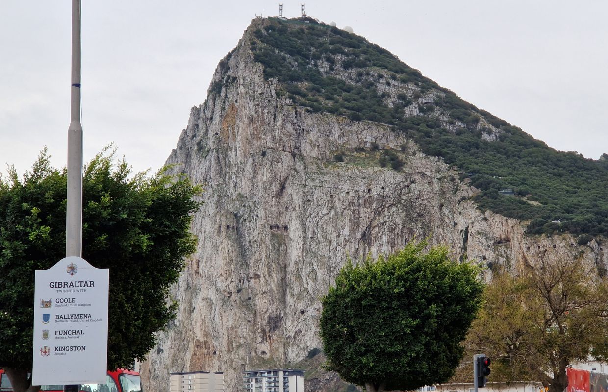 Looking up at the Rock of Gibraltar as you cross into the country from La Linea.
