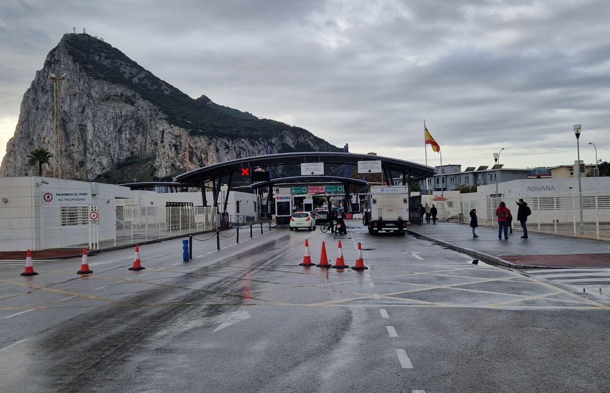 The Gibraltar border control from Spain looking into Gibraltar with the rock of Gibraltar in the background