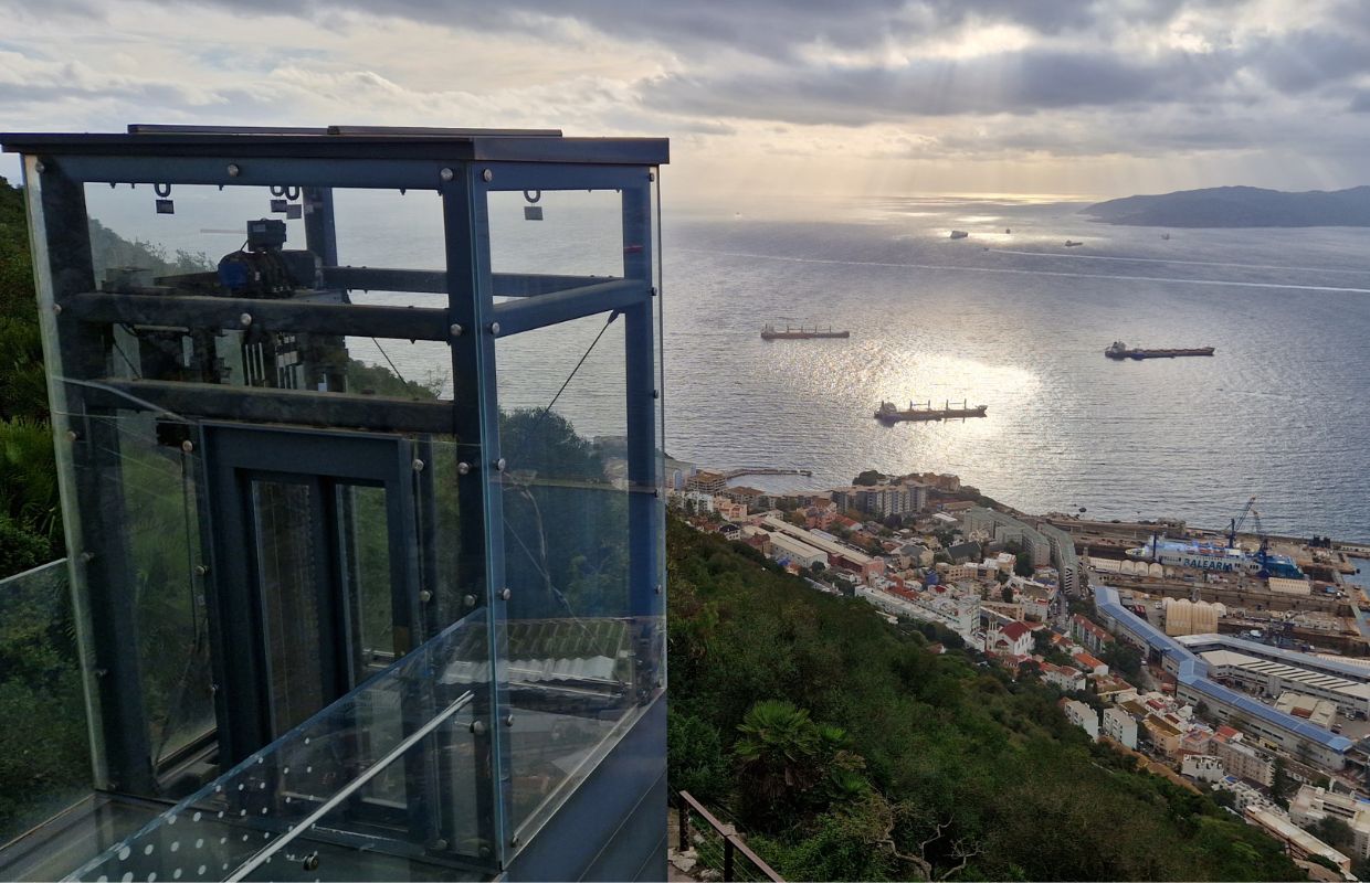 The lift at the Skywalk on top of the FRock of Gibraltar looking out across the ocean