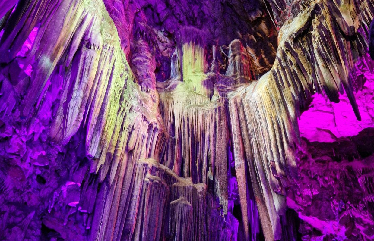 Stalactites hanging from the roof os St Michael's Cave in gibraltar