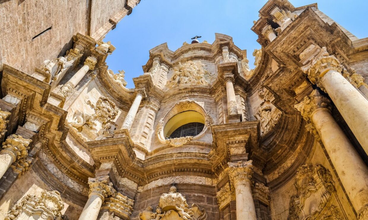 Looking up at the facade of the Valencia Cathedral