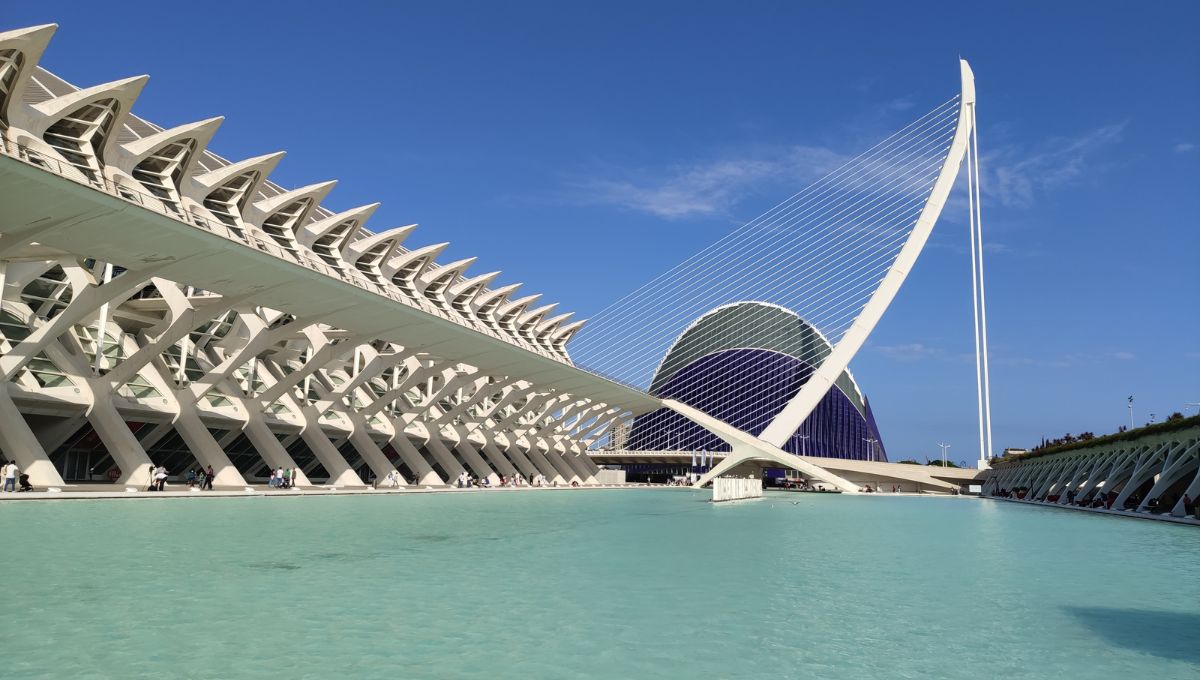A picture of the laggon outside Valencia's Science Museum looking towards the boat shaped bridge ad the Oceacographic building in the background