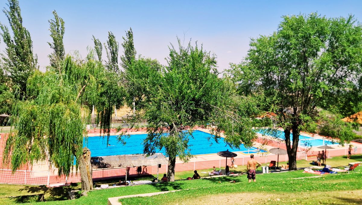 Different types of trees provide shade with the pools of the Piscina Municipal de Tamames in the background.